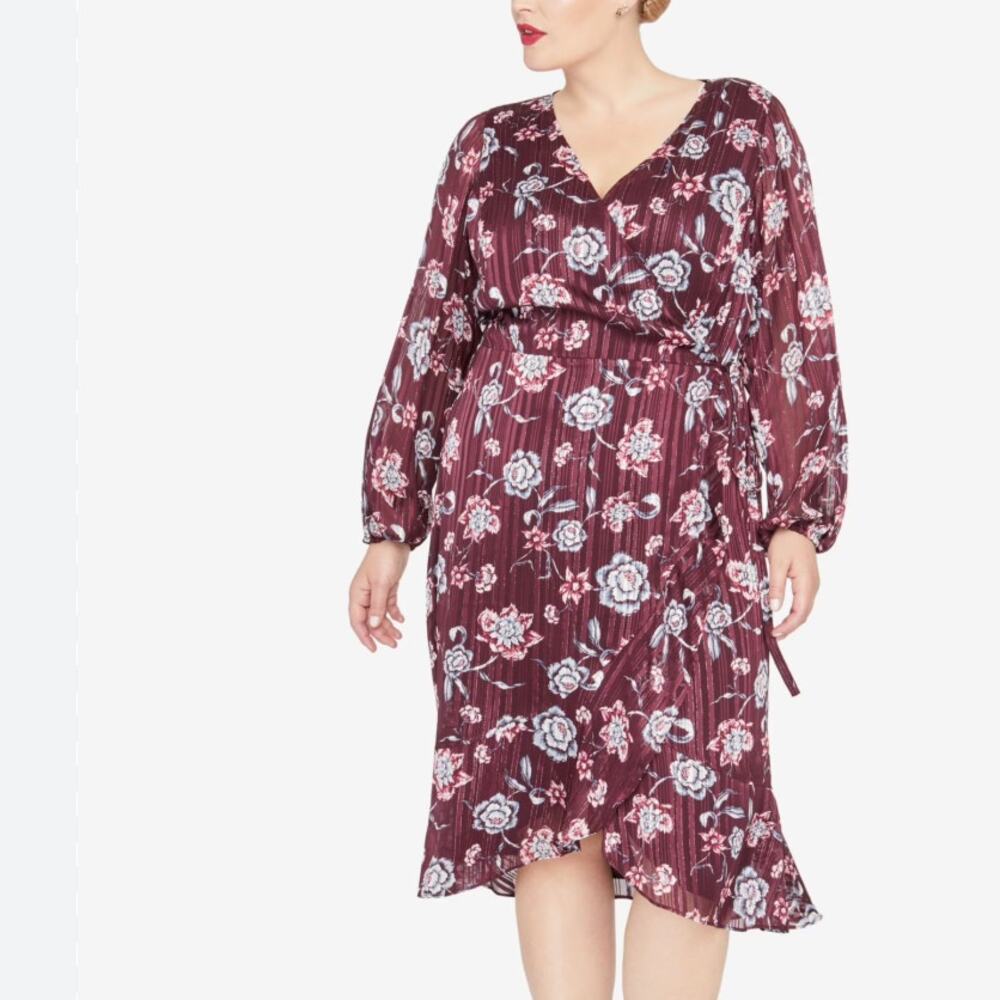 Rachel Roy Burgundy Floral Wrap Dress SIZE 24 Midi Work Metallic Designer $149